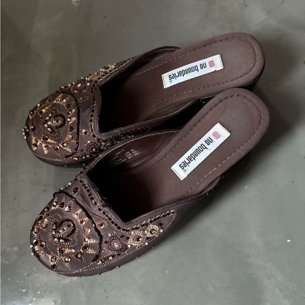 No Boundaries Dark Brown Embroidered Mules